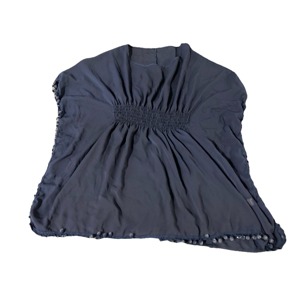 Navy Blue Boho Kimono Cover Up Pom Pom Trim Sheer Smocked Waist One Size - Picture 7 of 7